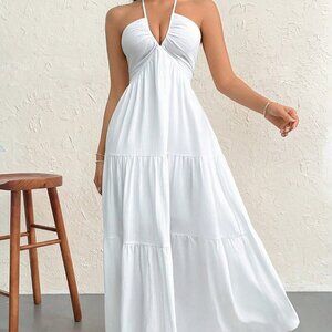 White Sexy Women's Crepe Halter Neck Tie Backless Maxi Dress